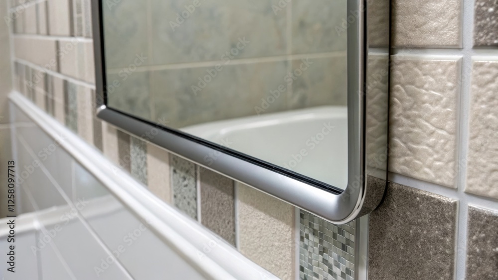 Poster A view of the antiglare mirrors edge emphasizing the sleek finish and the seamless transition to the surrounding wall tiles.