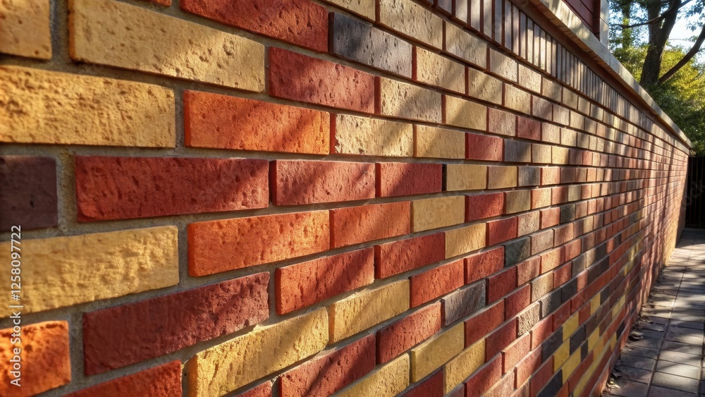 Poster a vibrant sunlit scene of partially completed brick veneer on a wall with shadows playing across the