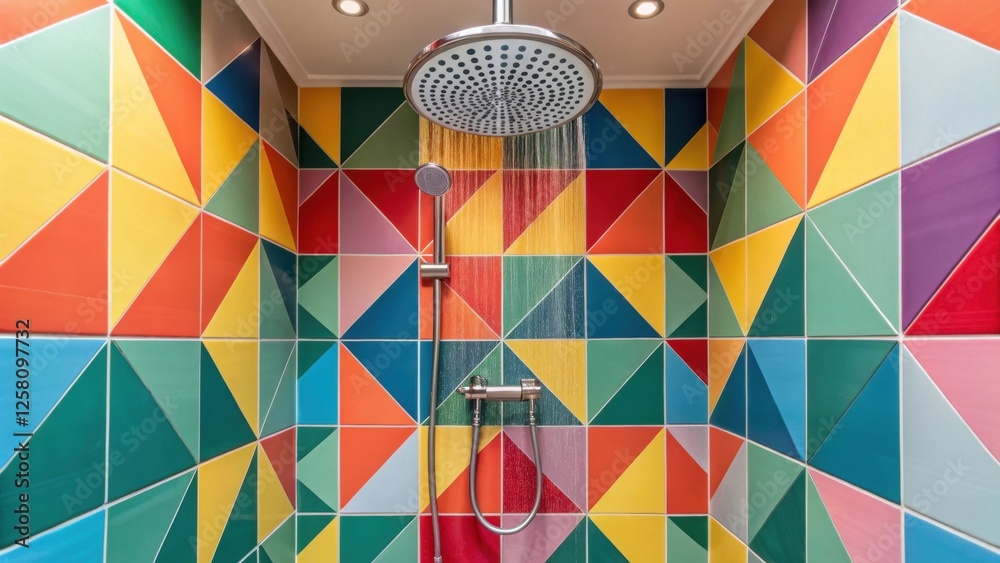 Poster a vibrant walk with bold geometric tiles and a large rainfall showerhead surrounded by sleek chrome 