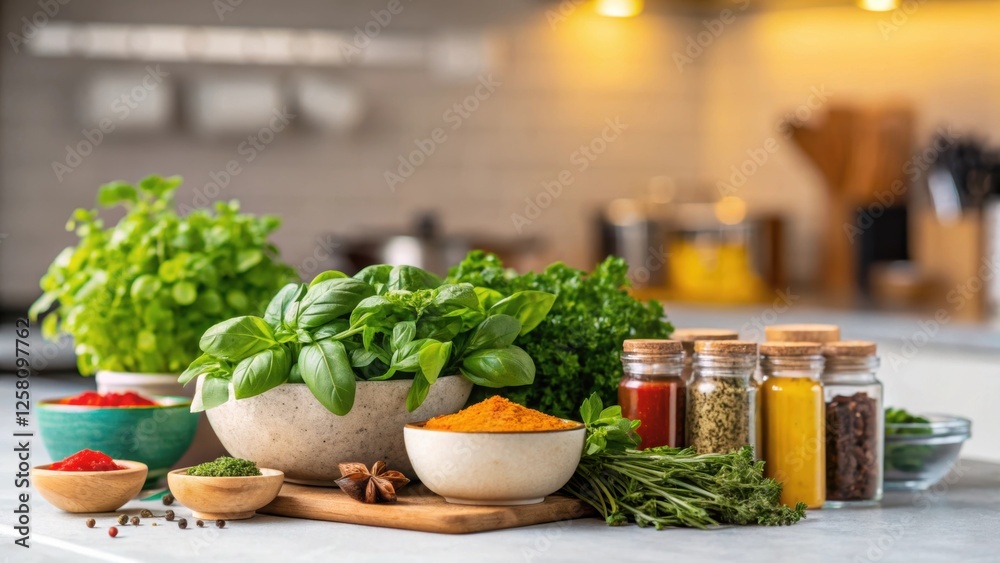 Poster A vibrant closeup of herbs and es on a countertop with soft undercabinet lighting enhancing their colors and textures creating an inviting cooking atmosphere.