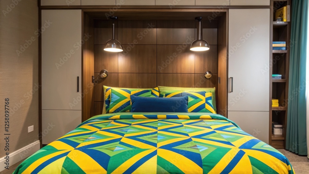 Poster a vibrant closeup of a colorful duvet cover on a murphy bed that is in use surrounded by chic lighti