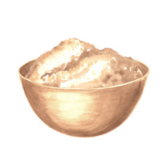 Wodden bowl with brown sugar. Hand drawn watercolor illustration isolated. Product of sugar cane processing. Clipart of sweet food, flour. Ingredient for cooking and bakery. Sweetener for beverage.