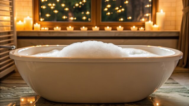 A warm inviting scene depicts a bubble bath overflowing from a pristine freestanding tub with soft reflections dancing on the surface of the water.