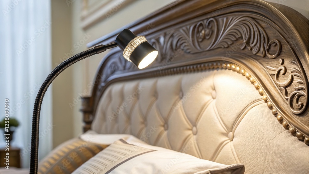Poster Close focus on the adjustable head of a reading light attached to an elegantly designed headboard showing how it can be tilted for optimal illumination.