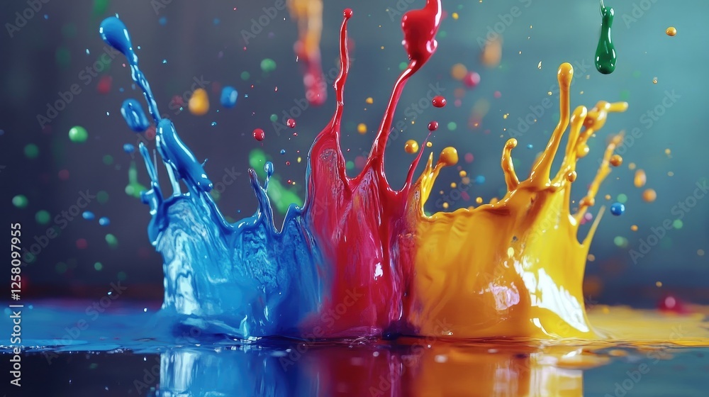 Poster Artistic studio with vibrant paint splashes in action, creating an abstract background, capturing the energy and fluidity of creative expression through colorful brush strokes