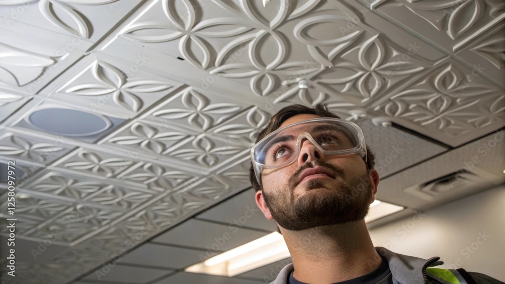 Poster a workers face wearing safety goggles showing concentration as they align a decorative suspended cei