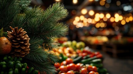 Festive market stall, winter produce, bokeh lights