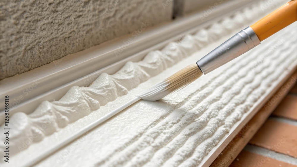 Poster Closeup of a brush applying caulk to fill gaps around installed soundproofing with a focus on the smooth application and texture contrast.