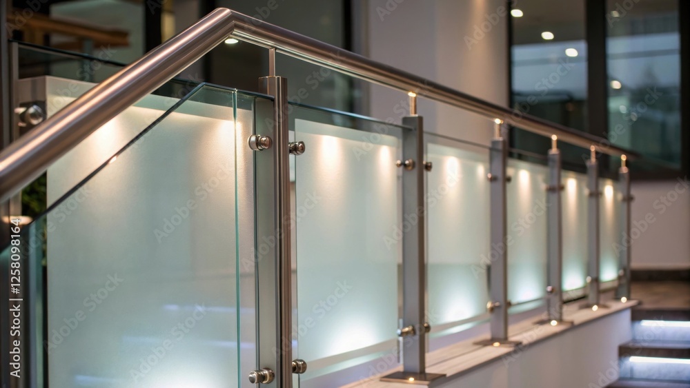 Poster Closeup of a contemporary glass balustrade featuring frosted sections with integrated lighting creating an ethereal effect that contrasts with the clean lines of the structure.