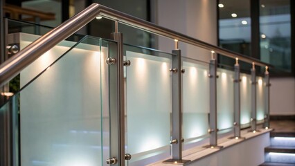 Closeup of a contemporary glass balustrade featuring frosted sections with integrated lighting creating an ethereal effect that contrasts with the clean lines of the structure.