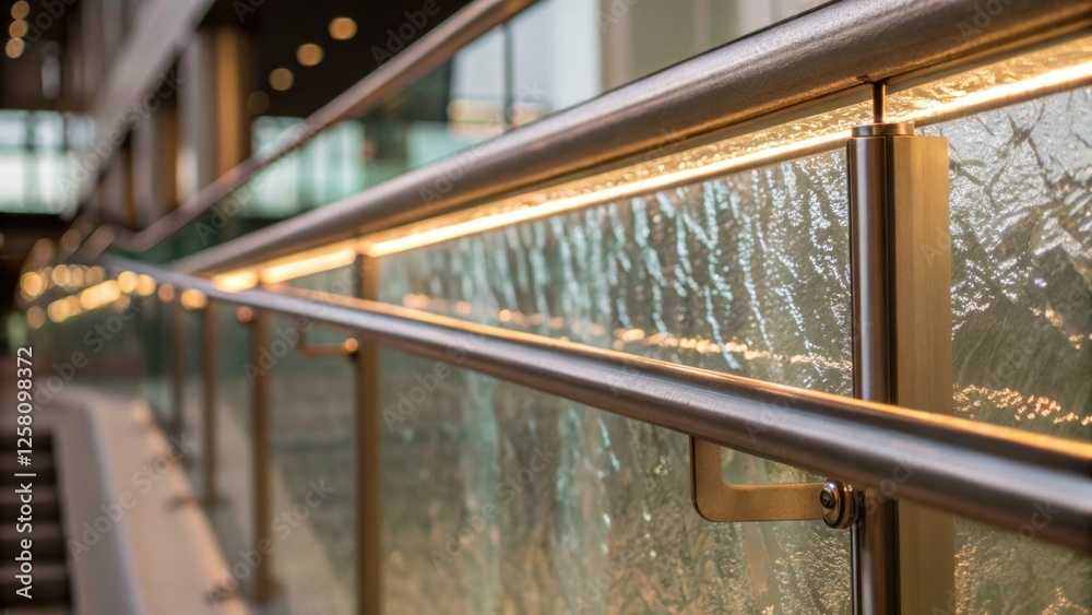 Poster Closeup of a designer glass railings texture with soft lighting illuminating its surface revealing intricate patterns formed by reflections and refracted light.