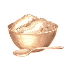 Wodden bowl with brown sugar and spoon. Hand drawn watercolor illustration isolated. Product of sugar cane processing. Clipart of sweet food, flour. Ingredient for cooker, bakery. Sweetener for drink.