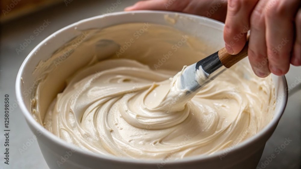 Poster Closeup of a hand mixing joint compound with a focus on the creamy texture in the bowl preparing for application to smooth out a wall.