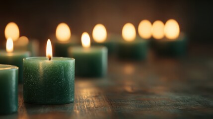 A collection of green candles flickering gently, casting a warm and inviting glow that enhances the ambiance and adds a touch of serenity to the space.