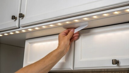 Closeup of a hand pushing adhesive backing onto a cabinets underside ensuring a tight fit for the lighting installation.
