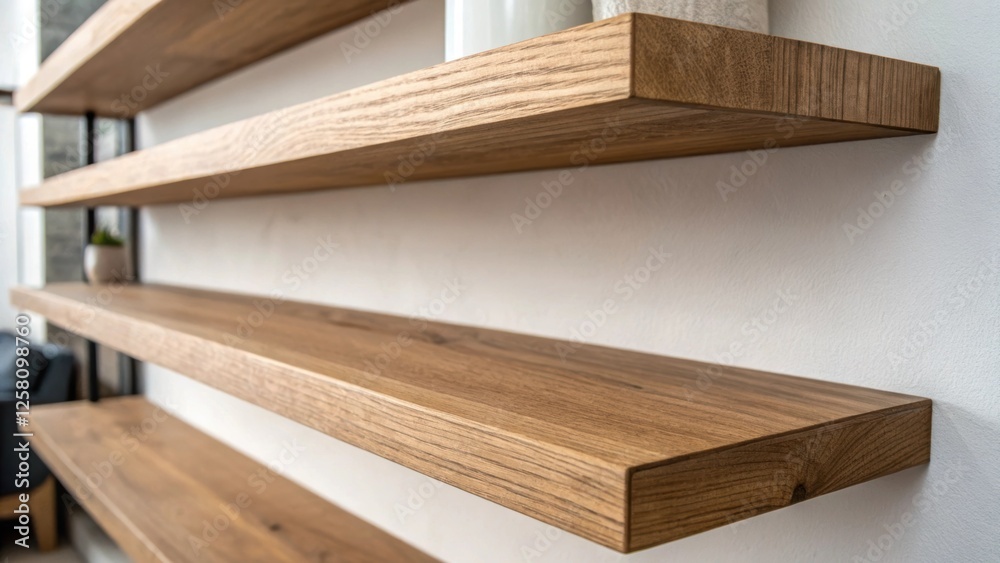 Poster closeup of a minimalist shelf design featuring floating shelves made from natural wood focusing on t