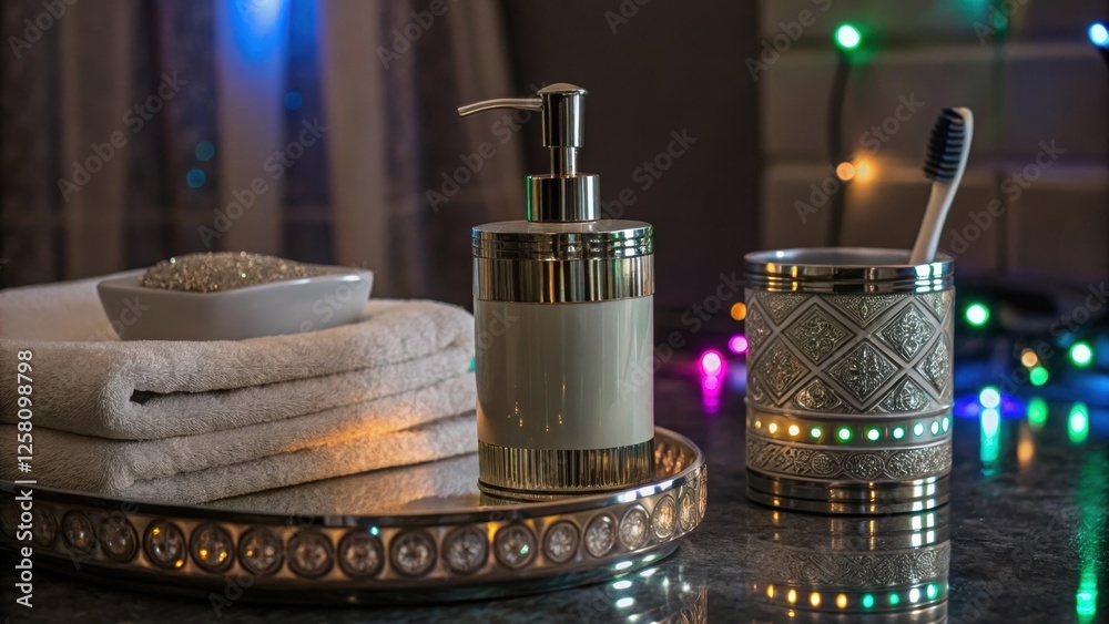 Poster closeup of an elegantly arranged bathroom accessory set with colorshifting lights casting reflection