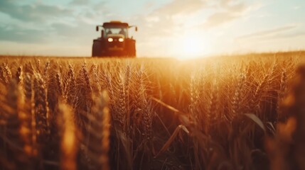 Fototapeta premium This captivating image features a scenic wheat field at sunset with a tractor silhouette in the background, showcasing the harmony of agriculture and nature's beauty.