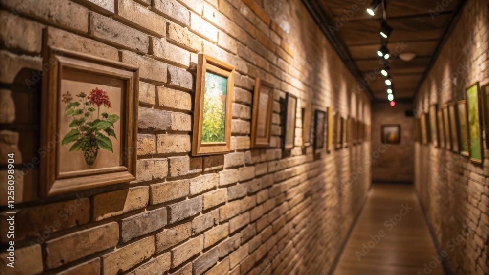 Poster closeup of an exposed brick hallway with a mix of small rustic frames holding natureinspired art cre