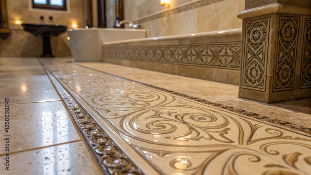Aufkleber Closeup of a polished stone tile with a glossy finish reflecting light showing intricate ing patterns that add depth and elegance to the bathroom setting.