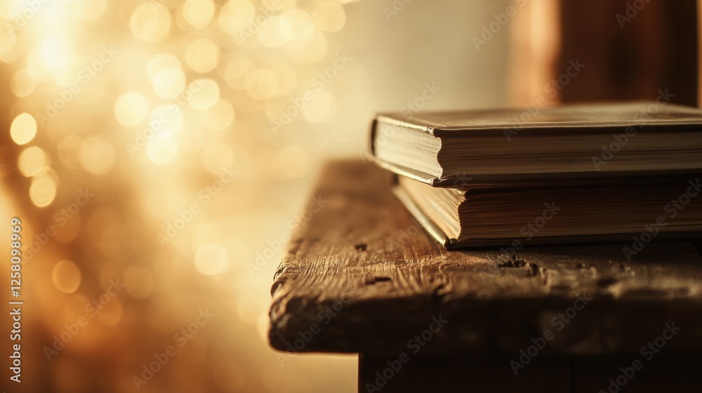 Fototapete Stack of books resting on a rustic wooden shelf with a blurred background perfect for adding text. Generative AI