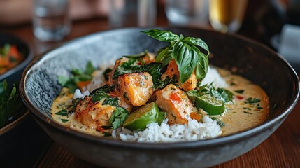 A delicious seafood bowl featuring succulent pieces in a creamy coconut sauce, served with rice and fresh herbs, providing a tropical taste experience for any occasion.
