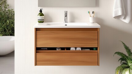Home organization and storage ideas, A modern bathroom vanity with a wooden finish, a sleek sink, and organized storage, complemented by greenery and minimalistic decor.