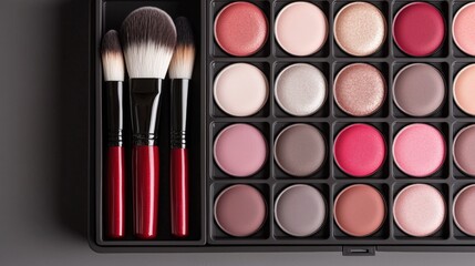 Home organization and storage ideas, A makeup palette featuring various shades alongside makeup brushes, ideal for beauty enthusiasts and professionals.