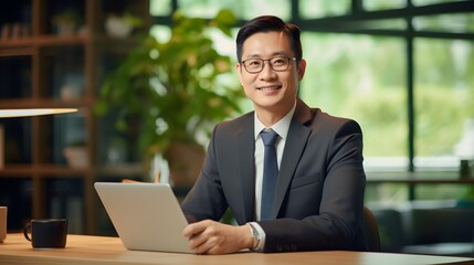 Fototapeta premium Confident Asian Businessman Working on Laptop in Modern Office Setting
