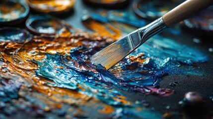 Fototapeta premium Palette knife mixes blue, orange oil paints.