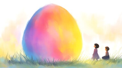 Enigmatic Giant Colorful Egg Discovery by Two Children in a Sunlit Meadow of Tall Grass
