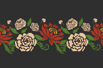 Ikat floral embroidery on black background. Traditional oriental seamless ikat pattern. Aztec style abstract vector illustration. Designed for use on surfaces, fabrics, clothing, wrapping and decorati