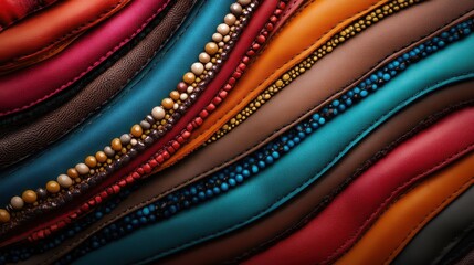 A vibrant assortment of leather pieces displayed in wavy patterns, adorned with beads and textures that evoke a feeling of richness and craftsmanship.