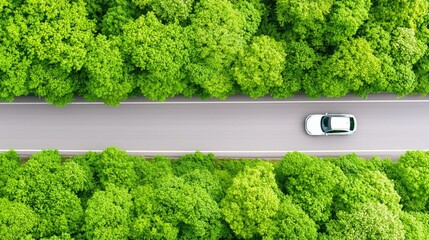 Aerial view car on road through forest, nature backdrop, eco-friendly travel