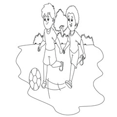 Cute cartoon hand drawn vector Boys are playing football coloring page.
