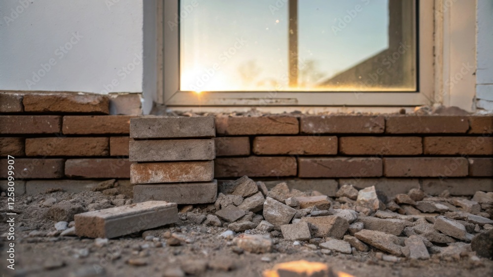 Poster Closeup of stacked bricks and debris at the base of where a wall once stood indicating the transition with a faint reflection of a window capturing sunlight.