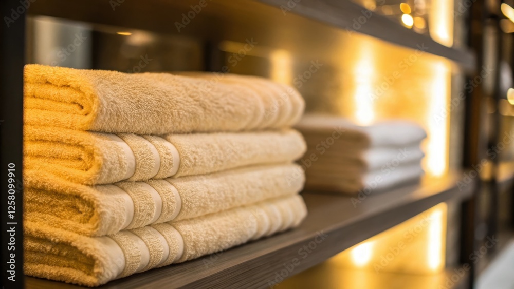 Poster Closeup of soft towels neatly stacked on a floating shelf with ambient lighting them in gentle golden tones inviting relaxation.