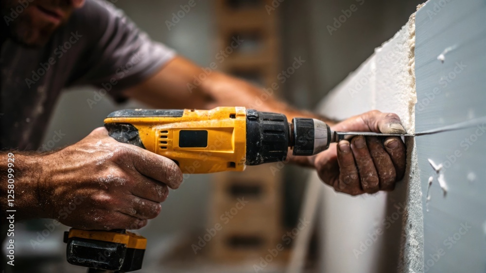 Leinwandbilder closeup of hands operating a reciprocating saw focused intensely with sweat glistening while sheets 