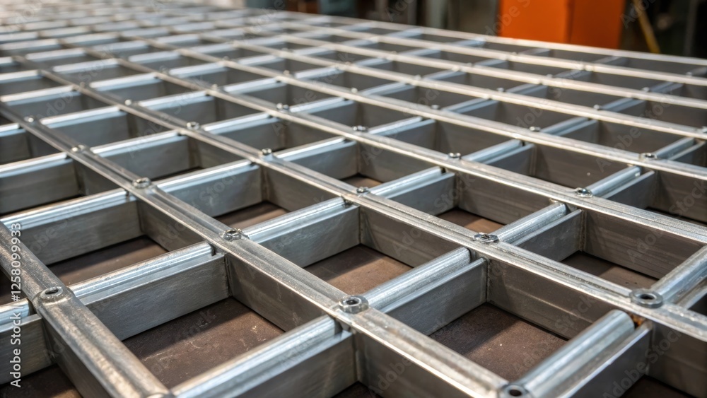Aufkleber Closeup of metallic grid systems being assembled with the interlocking pieces reflecting soft light emphasizing their robust structure.