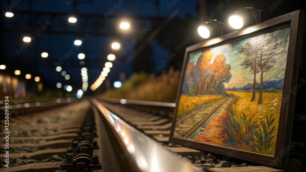 Poster closeup of illuminated artwork under track lights with brush strokes and textures coming to life as 