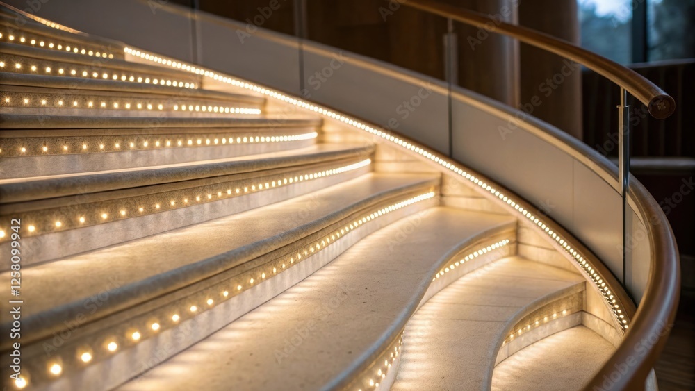 Fototapete closeup of led strips shining along a spiral staircase capturing the unique twist of the steps illum