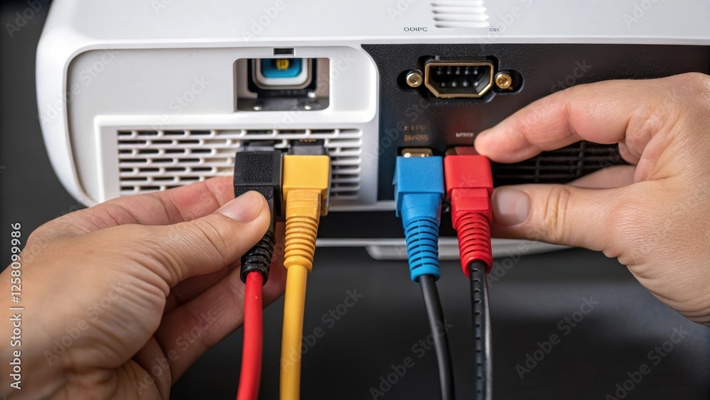 Poster Closeup of hands connecting HDMI cables and power cords to a compact projector showcasing the focus on detail and the importance of secure connections.