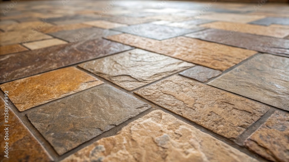 Poster Closeup of textured stone tiles in earthy hues focusing on the natural variations that add character and warmth to the foyer space.