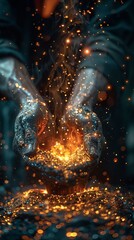 Mystical Hands Holding Glowing Embers Sparkling Dust Fire Magic