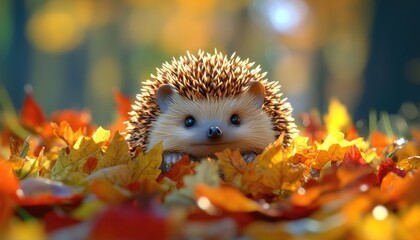 Fototapeta premium Adorable Hedgehog Amidst Autumn Leaves