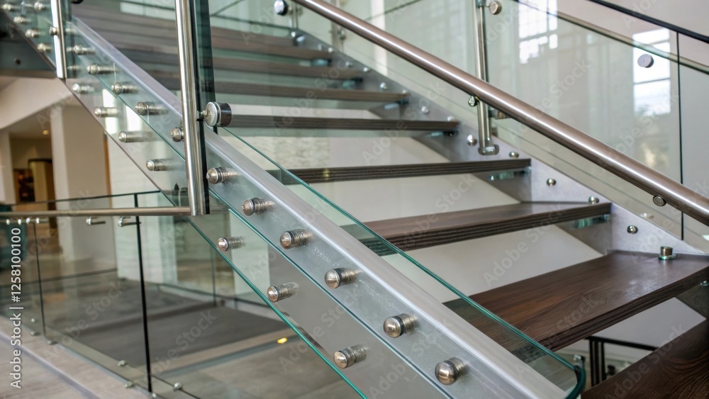 Poster closeup of the intricate installation details where the glass risers meet the steel staircase framew