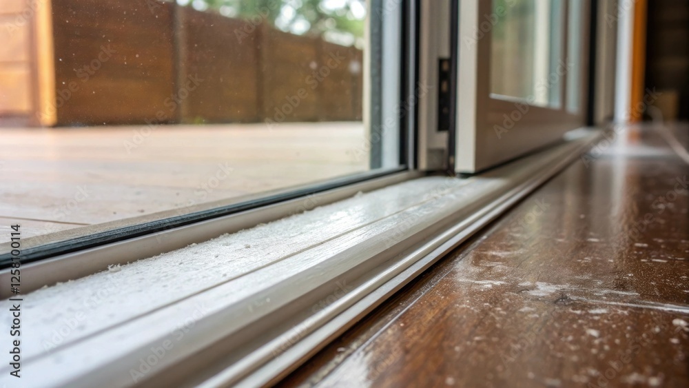 Poster closeup of the floor track where the sliding glass door glides revealing the smooth finish and sligh