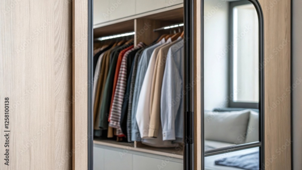Poster closeup of the mirror surface revealing a hint of a wellorganized closet interior with neatly hung g