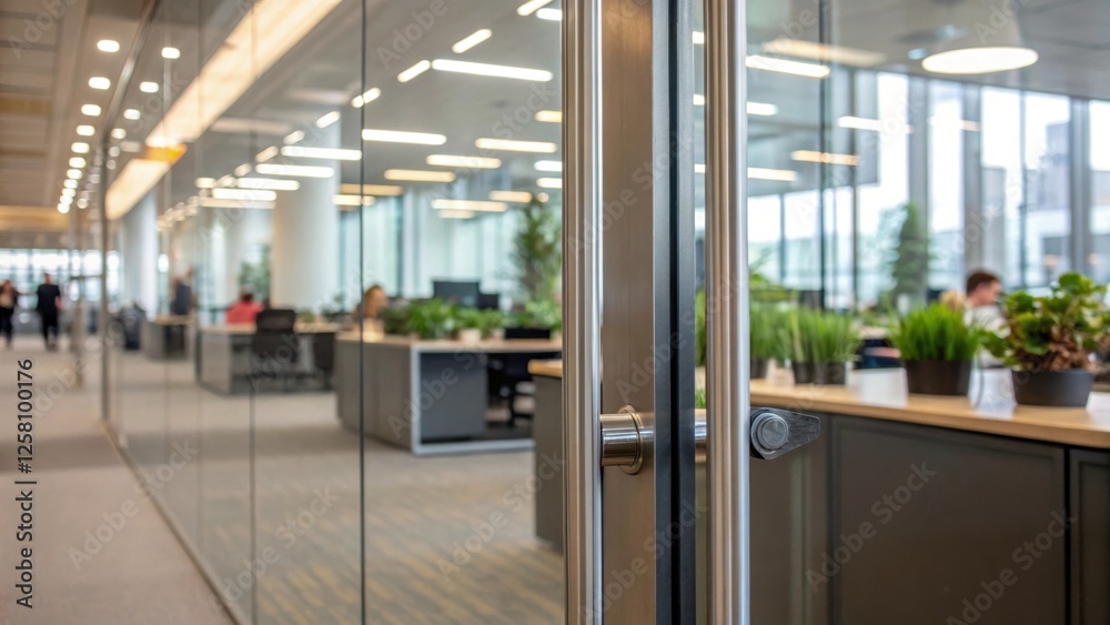 Poster Closeup of the reflection of a bright office scene on the surface of a justinstalled transparent partition illustrating its ability to create a sense of openness while providing