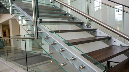Fototapeta premium Closeup of the intricate installation details where the glass risers meet the steel staircase framework focusing on the clean lines and precision of the craftsmanship.